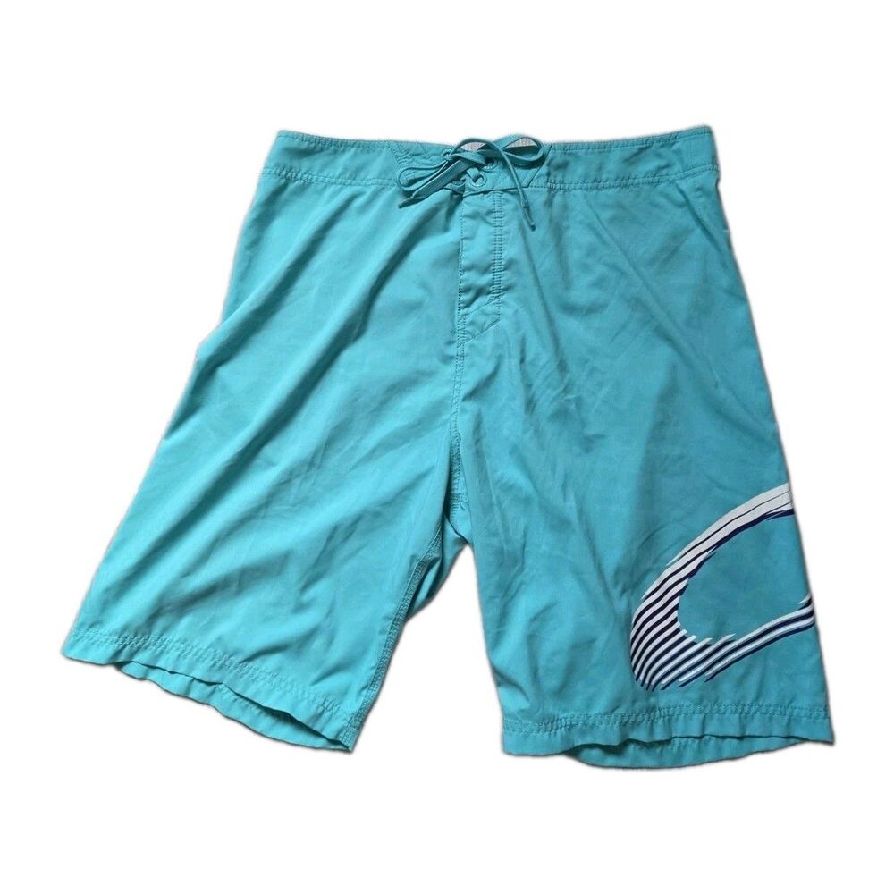 Oakley Turquoise Blue Logo Board Shorts Swim Trunks Drawstring Mens Size 38 FAIR